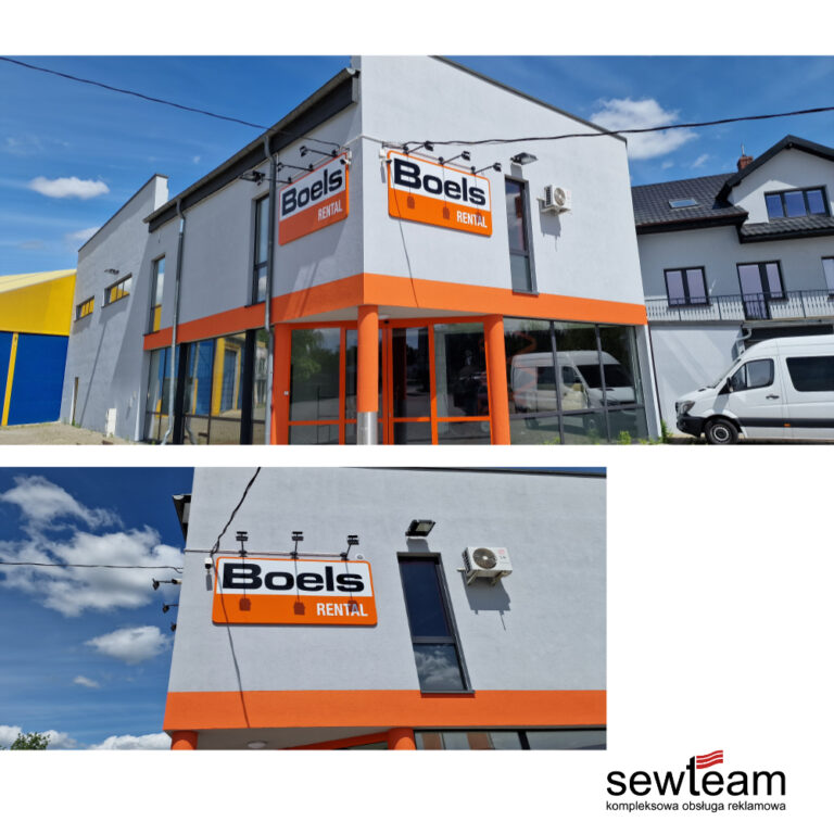 Kaseton świetlny i kaseton semaforowy Boels Rental na elewacji oddziału