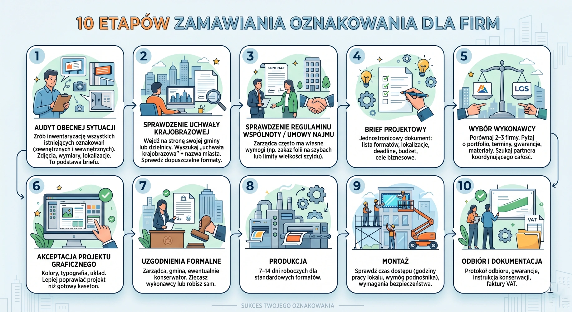 Proces zamówienia oznakowania firmy — od briefu do montażu krok po kroku