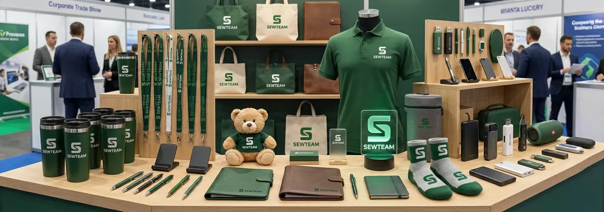 Ekspozycja gadżetów reklamowych na stoisku targowym