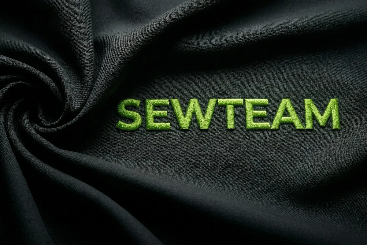 Haftowane logo SEWTEAM na czarnym polarze, zbliżenie na ścieg