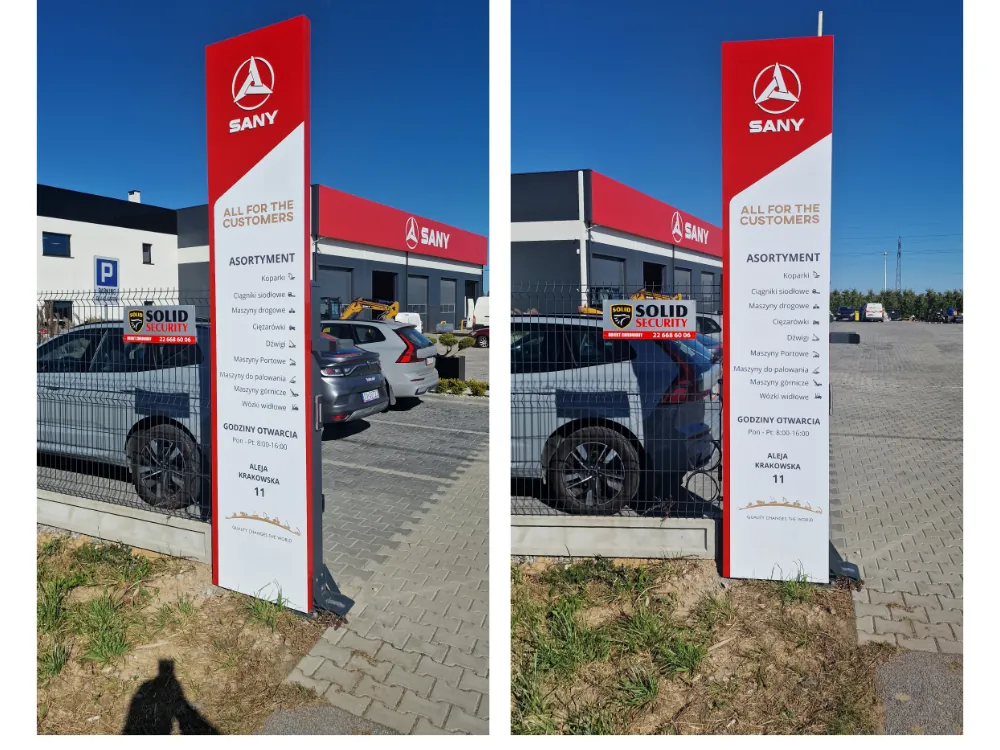 Pylon reklamowy ustawiony przy wjeździe na teren prywatnej posesji firmowej