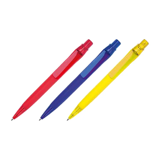 Trzy plastikowe długopisy z powłoką soft-touch: czerwony, niebieski i żółty