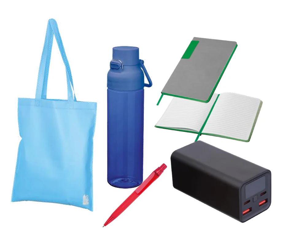 Gadżety na targi: torba z recyklingu, butelka z tritanu, notes A5, długopis i powerbank