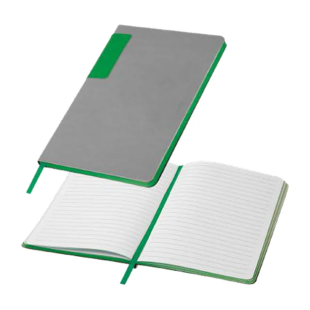 Notes A5 w szarej okładce z zieloną zakładką i zielonymi krawędziami kartek