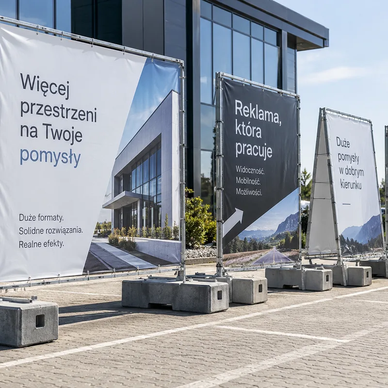 Tablice reklamowe na obciążnikach przed budynkiem